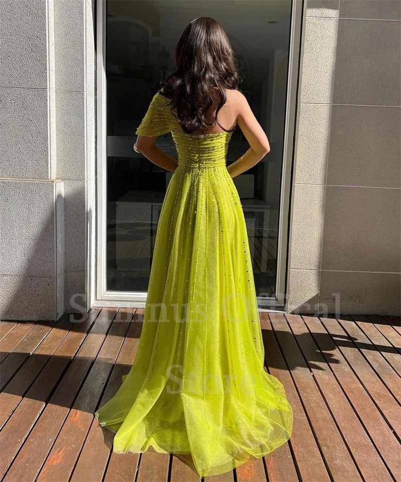 Sumnus Glitter A-Line Evening Dresses Square Collar Short Sleeves Prom Dress Tulle Beading  Saudi Arabia Party Gowns Bespoke