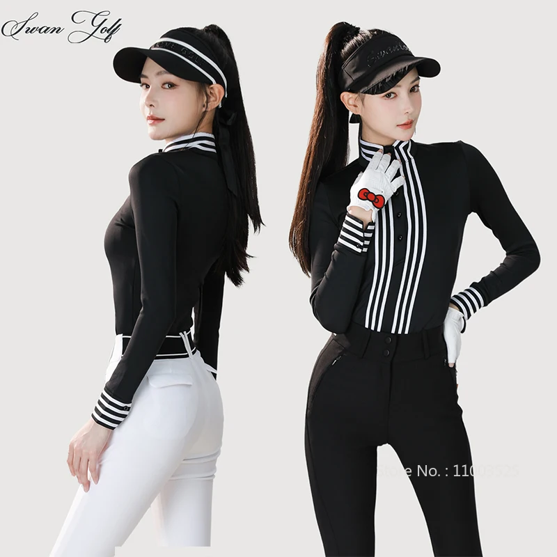 

SG Autumn Winter Women Slim Golf Top Women's Long Sleeve Striped T-Shirt Ladies Warm Windproof Sports Golf Shirts High Neck