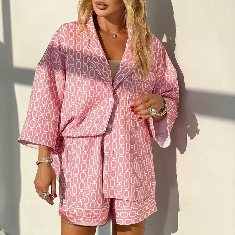 

Faionable Loose Printed irt And orts Set Women's Autumn Collection Button up Cardigan Sle Seven Sve Long Dr