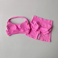 Sexy Halter Neck Beautiful Back High Waist Peach Sports Bras Shorts Suit Pilates Gathering Yoga Vest Training Fitness Bra Sets - Image 4