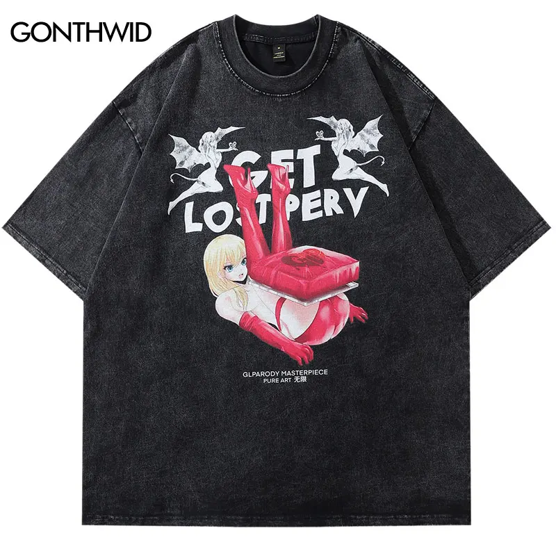 Hip Hop Men T Shirt Streetwear Vintage Japanese Anime Cartoon Girl Print Punk Gothic Tshirt Men Harajuku Casual Washed Tee Tops