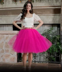 Fuchsia 6 Layers Tulle Tutu Skirts Fluffy Mesh Elastic High Waist Pleated Skirts Knee-Length Midi Carnival Cosplay Petticoat