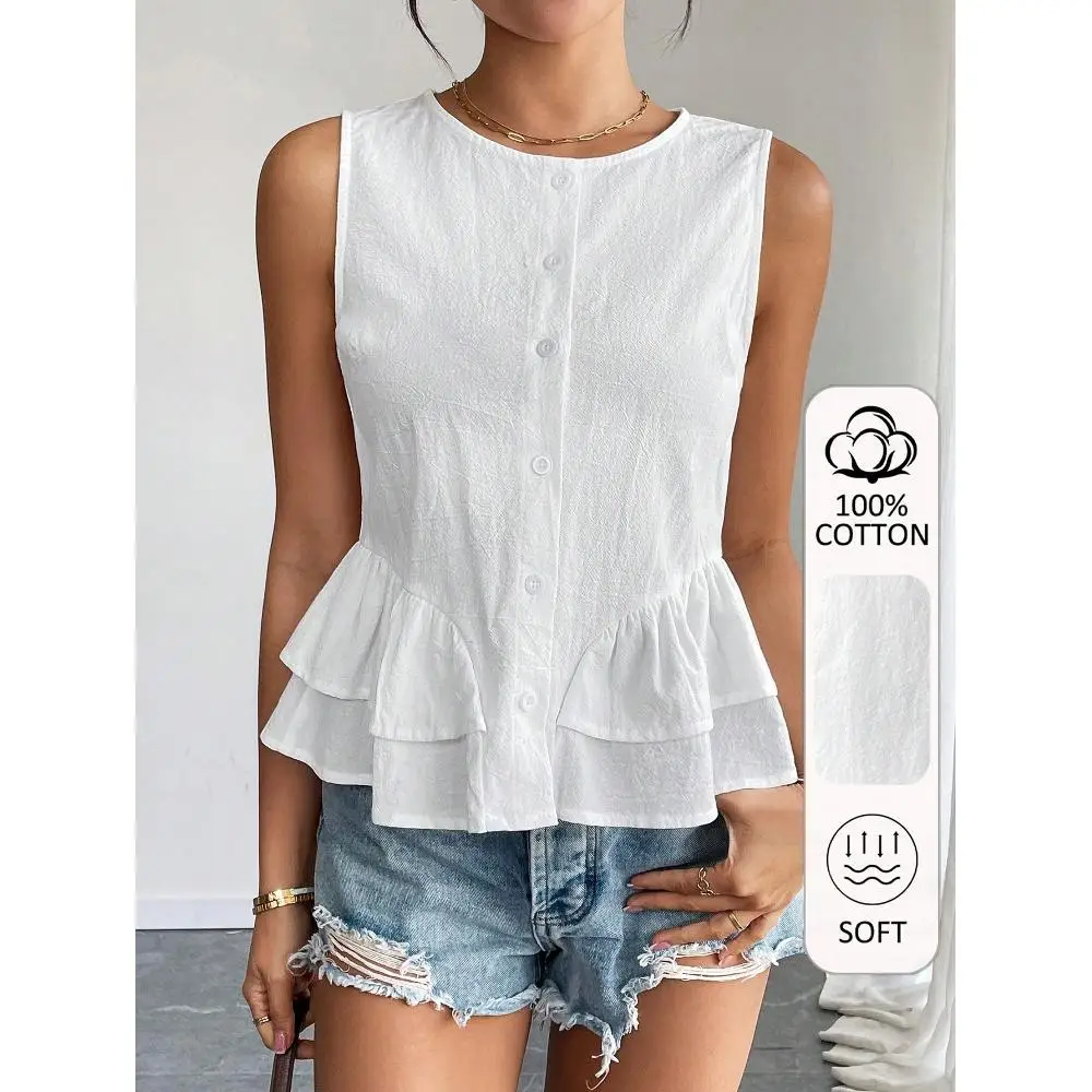 100% pure cotton elegant sleeveless shirt, sleeveless plus ruffle edge design at the hem comes with a gentle girlish feel.