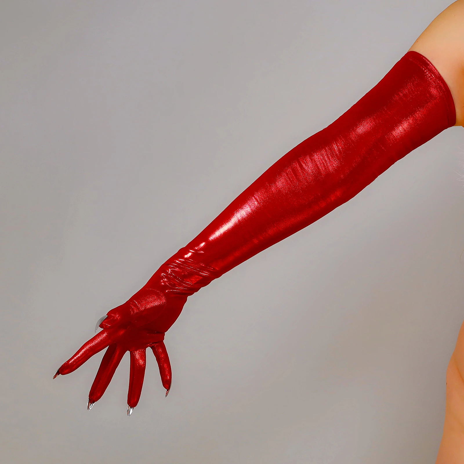 DooWay Metallic 70CM Long Silver NAILS Gloves in Red Thin Stretch Liquid Shine Glow Halloween Fashion Cosplay Opera Party Glove