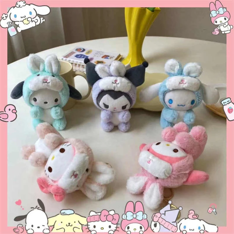 15CM Sanrio 토끼 Plush Keychain Kawaii 산리오 시나모롤 포차코 키링 Accessories Cartoon Rabbit Keychains Kids Girl Toys Pendant Holiday Gifts