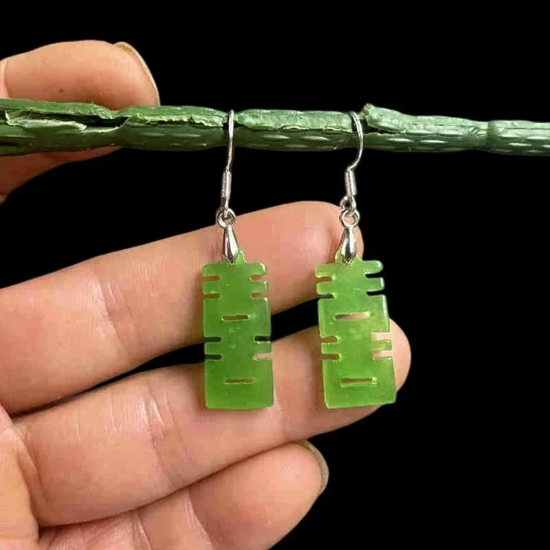 Original Natural Green Jade Double Happiness Hollow Out Earrings Jewellery Accessories DIY Hand-Carved Woman Amulet Customized