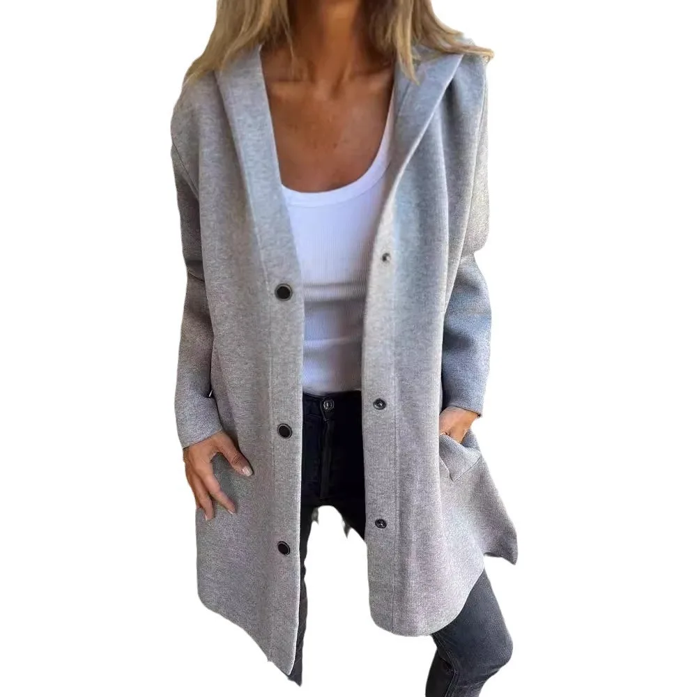 2025 Autumn and Winter Solid Color Casual Single-breasted Hooded Jacket