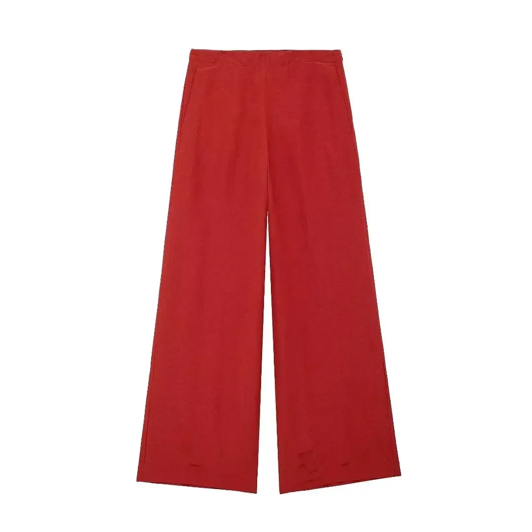 2024 Summer Female Suit Red Long Sleeve Single Breasted Fashion Turn-Down Collar Shirt+Pocket Zipper Wide Leg Pant Mujer