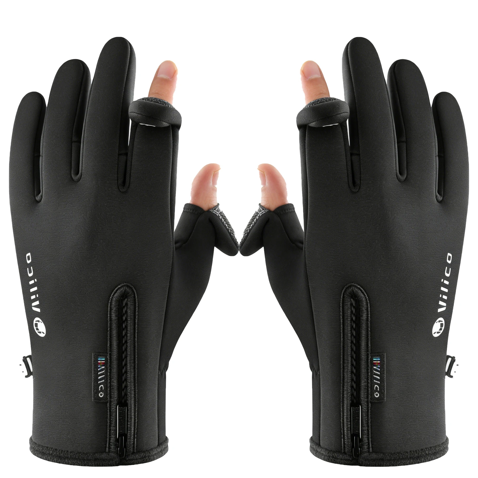 Winterwarme Outdoor-Handschuhe für Radfahren und Angeln aus Polarfleece mit zwei freiliegenden Fingern für Touchscreens, rutschfest und wasserdicht