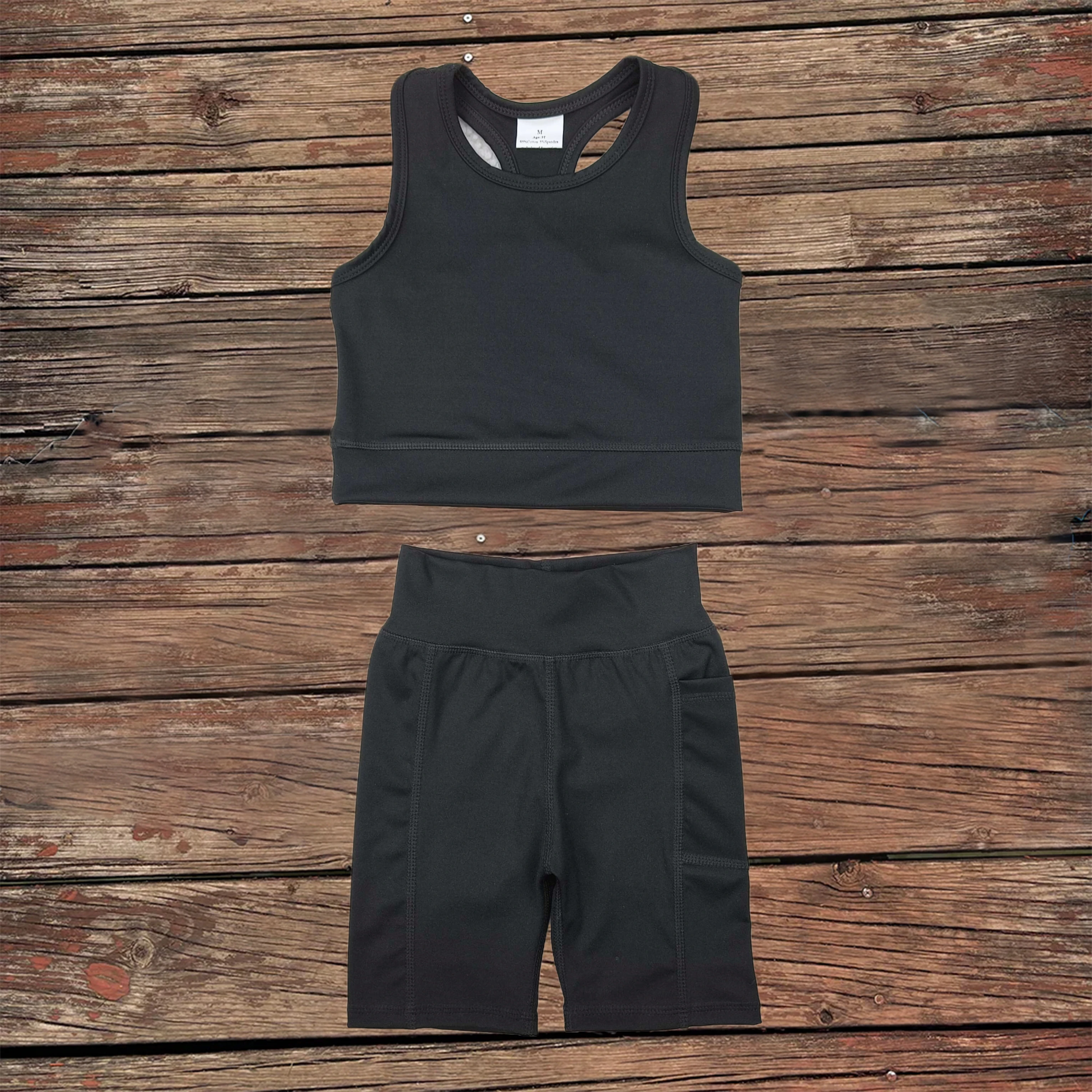 

Wholesale Baby Girl Black Vest Clothes Sleeveless Top Shirt Infant Toddler Athletic Active Wear Shorts Kids Sportswear Sets
