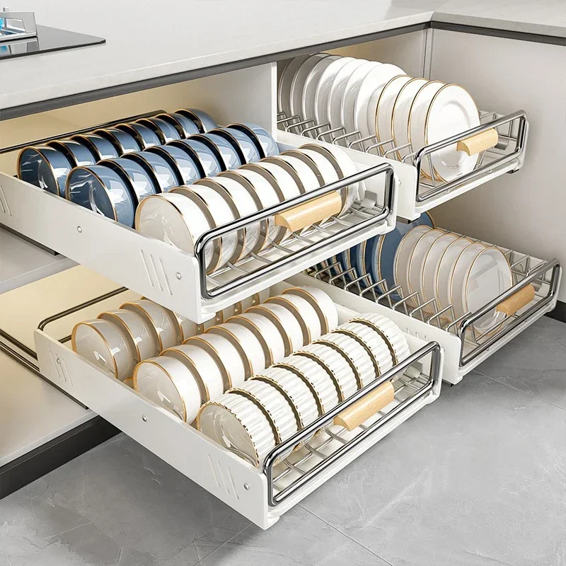 Pull-out Dish Rack With Wooden Handle And Drain Tray Spice Box Storage Rack Cabinets Organizer Kitchen Storage Rack