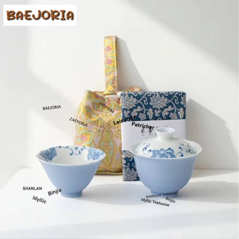 Hand Painted Peony Travel Tea Set Kit Handmade 1 Bowl 1 Cup Household Tea Maker Organizer Portable Camping Tote Bag Cafes Craft view 6