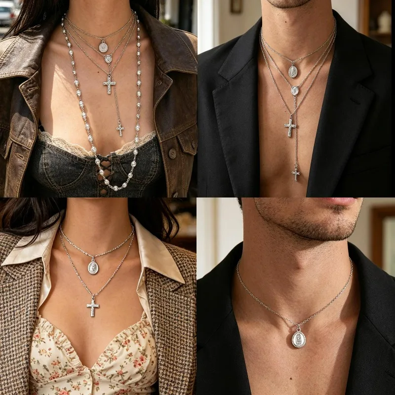 4pcs/set Cross Pendant Layered Necklace Y2K Multi Layer Chain Vintage Retro Womens Necklaces Trendy Party Jewelry Accessories