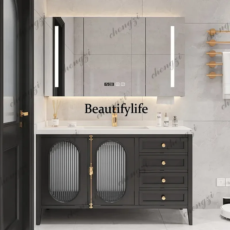 French Rubber Wood Bathroom Vanity, Rock Slab Ceramic Basin, Solid Wood Floor-Standing Cabinet with Seamless Sink b567
