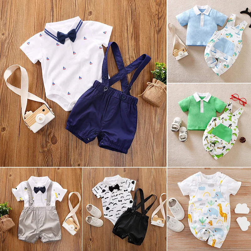 

New Suspender Pants Suit Baby Bodysuit Summer Short Sleeve Two Piece Set Newborn Pure Cotton Jumpsuit