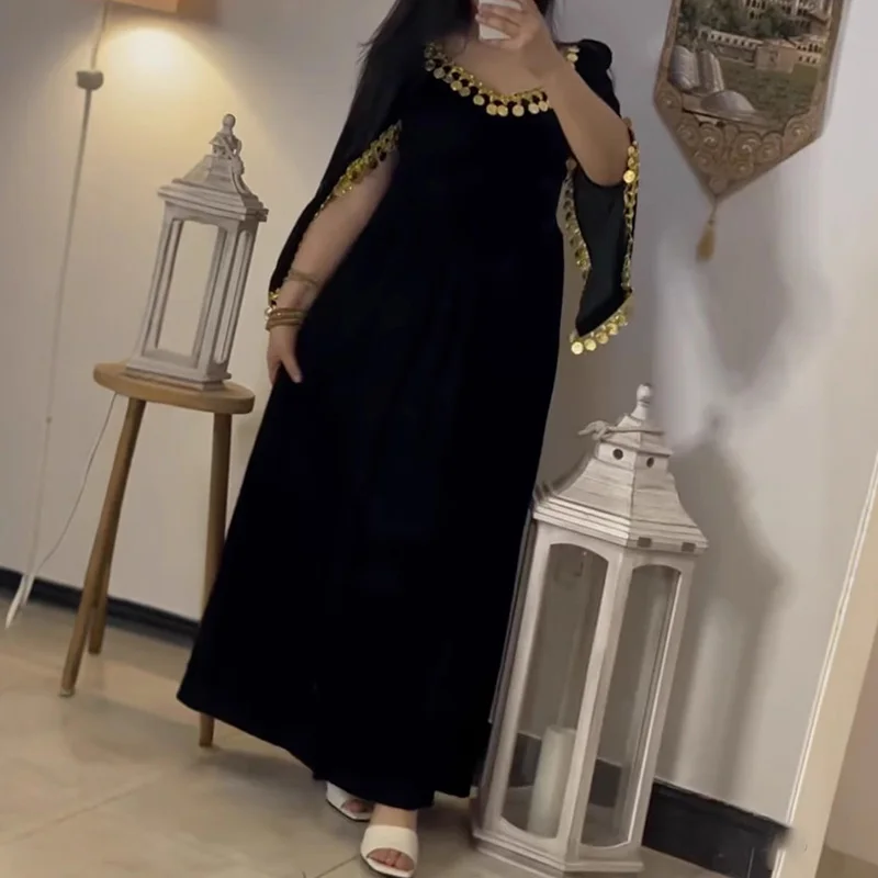 

Vintage Sequins 3/4 Sleeve Evening Dress Sexy V Neck High Waist Pleated Maxi Dress Women Spring Solid Ethnic Boho Dress Vestidos