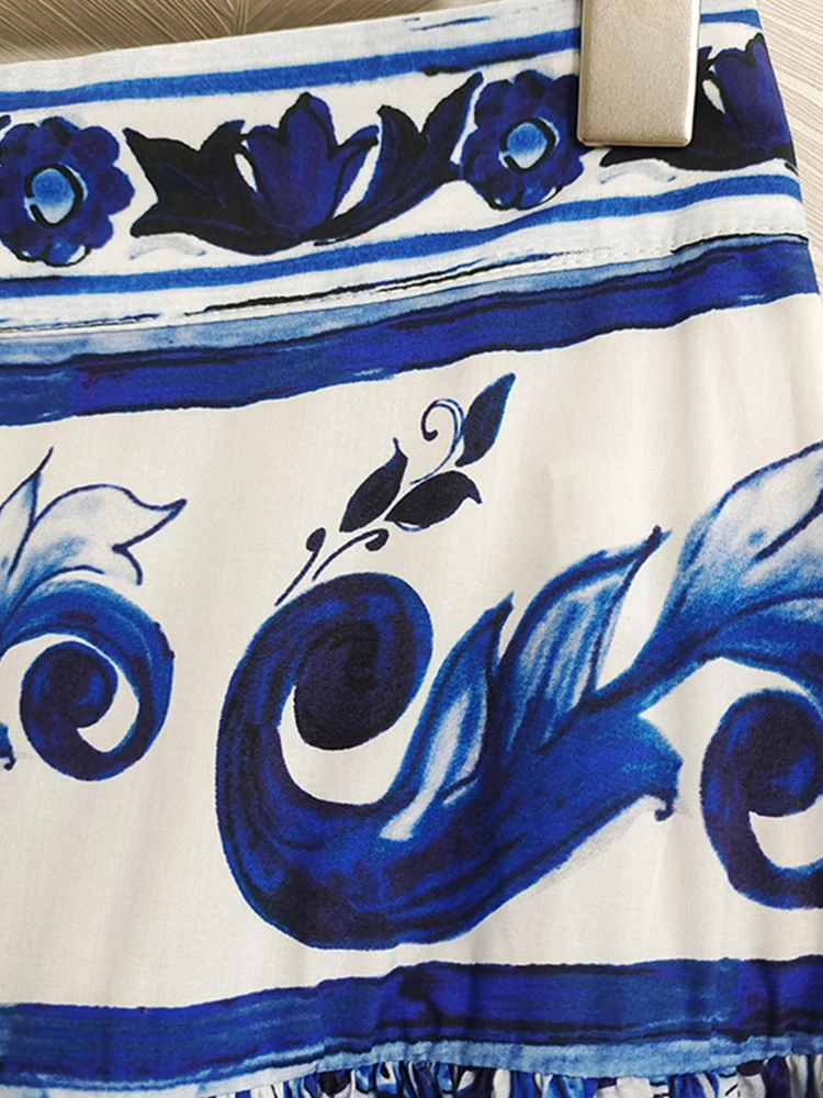 AELESEEN Runway Fashion 100% Cotton Skirt Women Sicilian High Waist Blue White Porcelain Printed Elegant Holiday Poplin Party