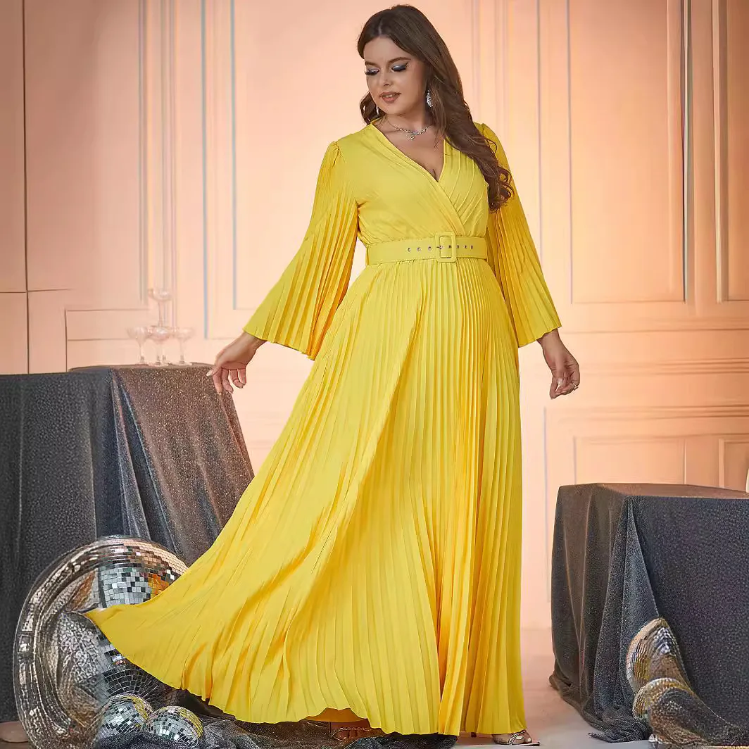 Plus Size Party Dresses Fashion Long Sleeve V Neck Evening Dresses Large Size Casual Solid Color Pleated Lady Elegant Dresses