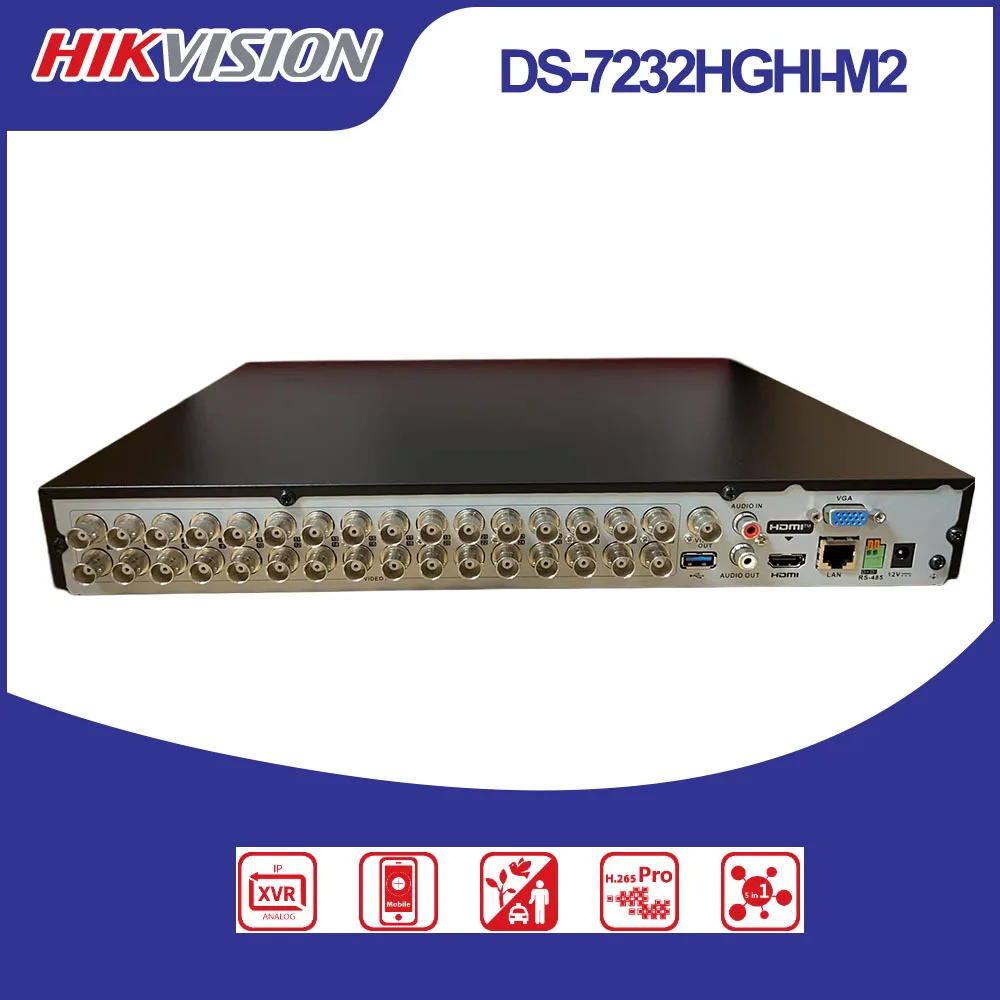 Hikvision DS-7232HGHI-M2 32CH 5in1 XVR DVR H.265 Pro+ 5MP IP Recorder AI Human Vehicle Detect 2SATA Max 10TB Coaxial Audio ONVIF
