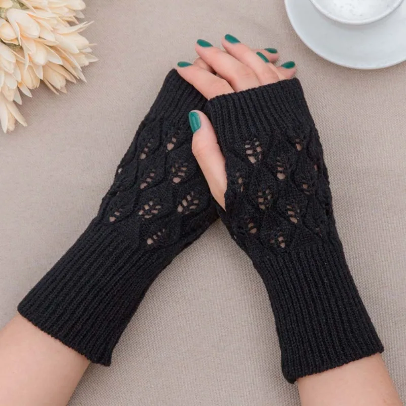 Women's Woolen Thermal Gloves with Hollowed-out Half-finger Knitted Long Gloves, Korean Style Open-fingered Gloves