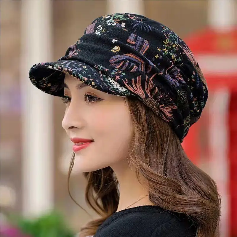 Floral Print Women's Bucket Hat Soft Brim Baseball Cap Autumn Winter Trendy Cloth Hat for Middle-Aged And Elderly