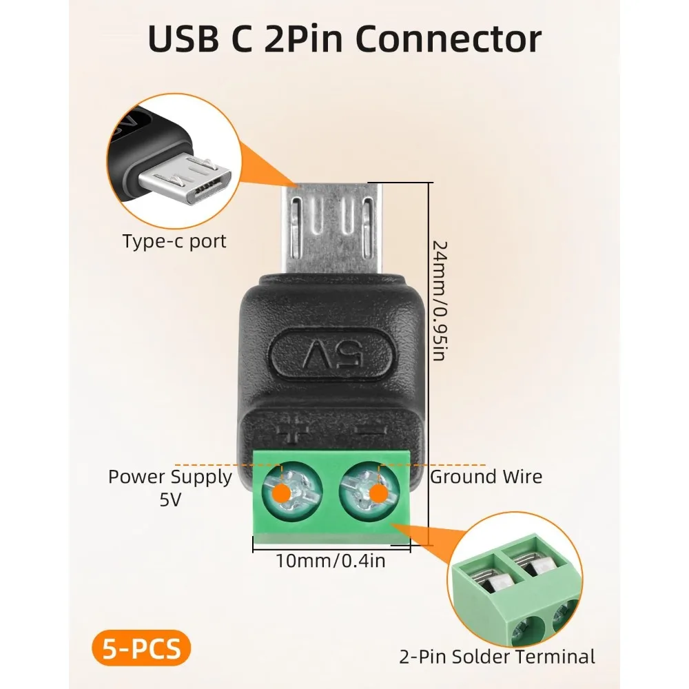 5‑Pack Micro USB Male to 2‑Pin Screw Terminal Adapter, 5V Solderless Converter Connector for DIY Electronic Projects & Repair