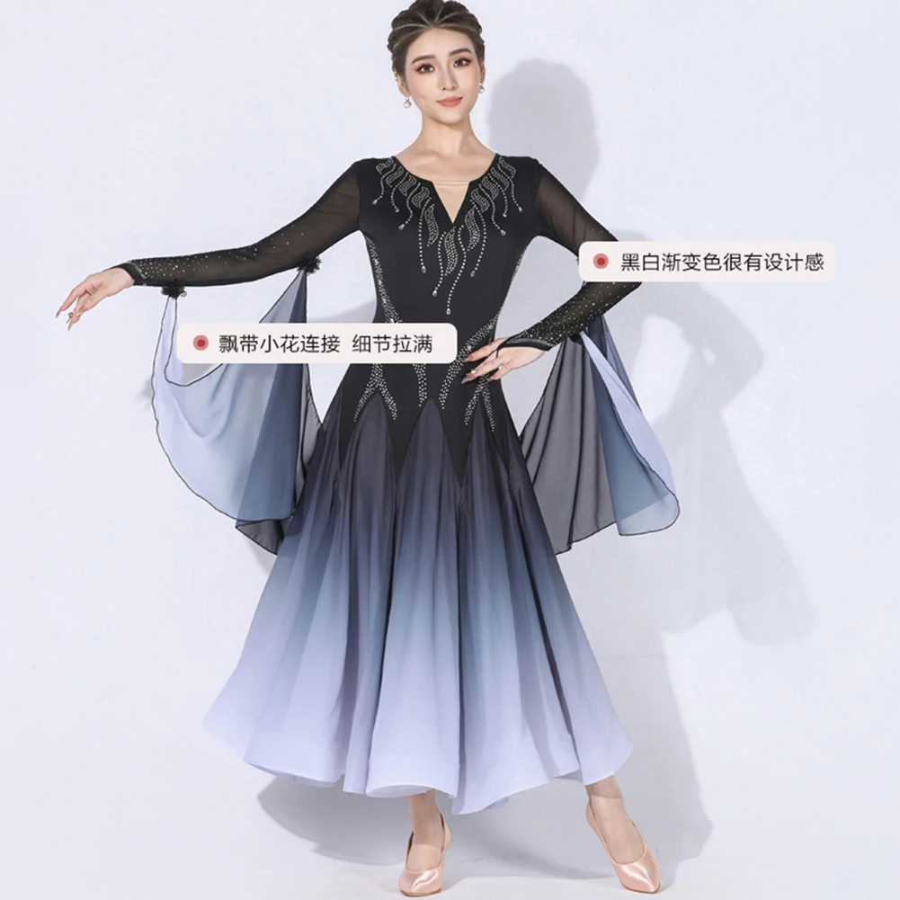Spettacolo di costumi di scena Danza moderna da donna sfumata Nuovo abito da ballo standard Concorso a maniche lunghe Elegante nastro valzer