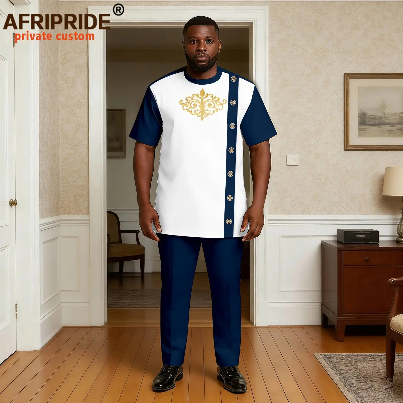 African Suits for Men Scoop Neck Short Sleeve Applique Single Breasted Shirts and Pants 2 Piece Set Dashiki Tracksuit 2616076