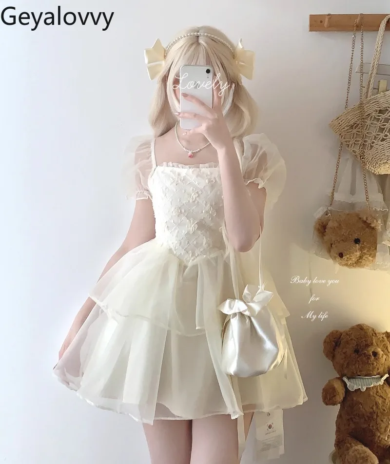 

Summer New Gauze Flower Mesh Organza Bubble Short-sleeved Dress Sweet and Cute Girl High-waisted Slim-fitting Short Dresses