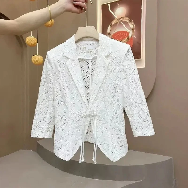 

Summer 2024 New Lace Let In Air Openwork Suit Jacket Feminine And Versatile Cardigan Sunscreen Blazer Top Is Worn Outside