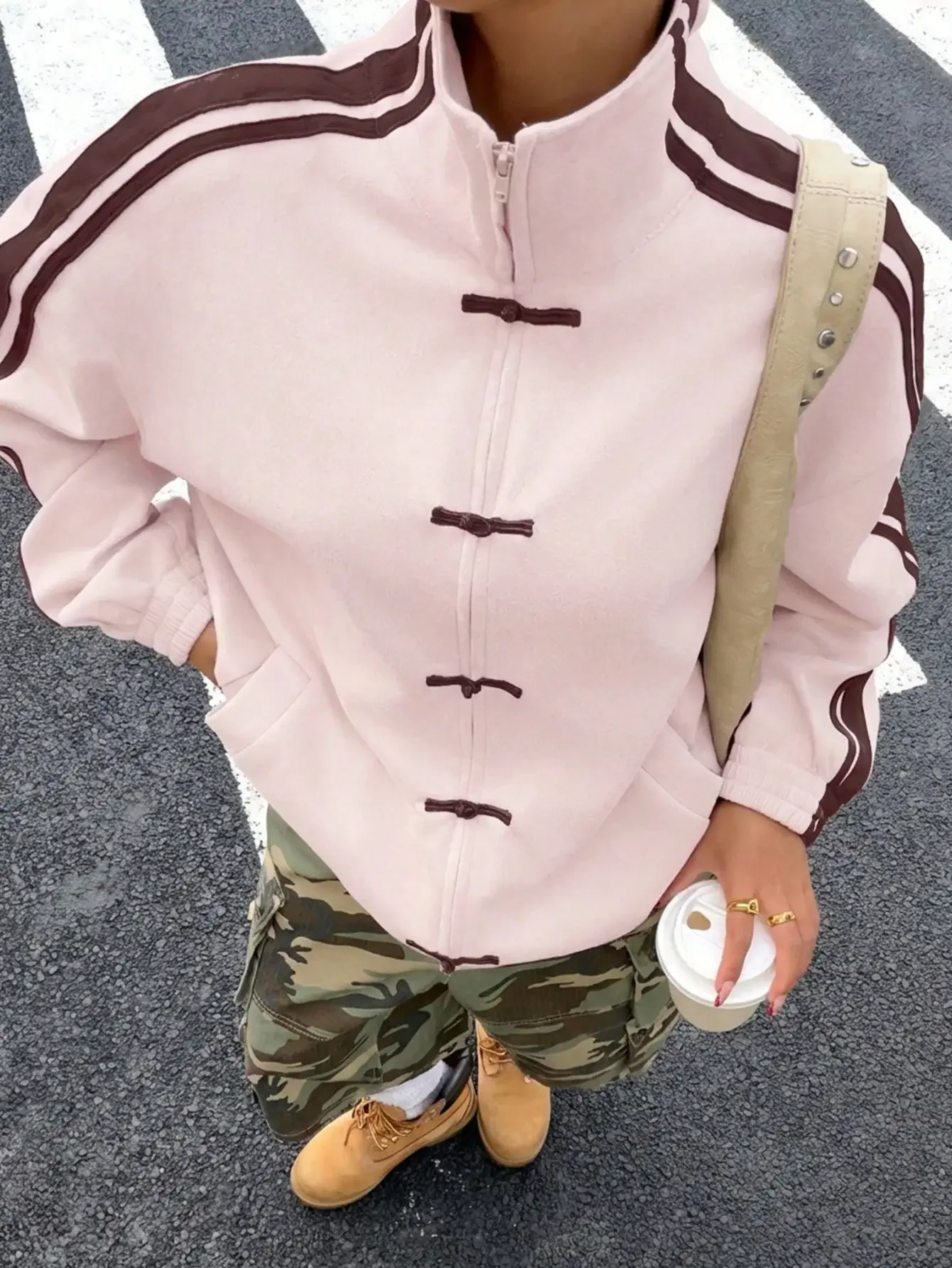 Athleisure Streetwear Zip-Up Track Jacket Athletic Commuter Outerwear Top Soft Pastel Pink Hue With Espresso Brown Contrast Side Striping And Traditional Frog Button Placket Stand Collar Slouchy Fit For Coffee Run Valentine Gift