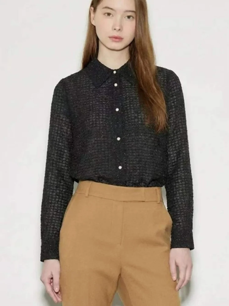 

Модная женская рубашка в корейском стиле, повседневная, свободного кроя, с длинным рукавом, отложным воротником, на одной пуговице, приталенная, летняя новинка