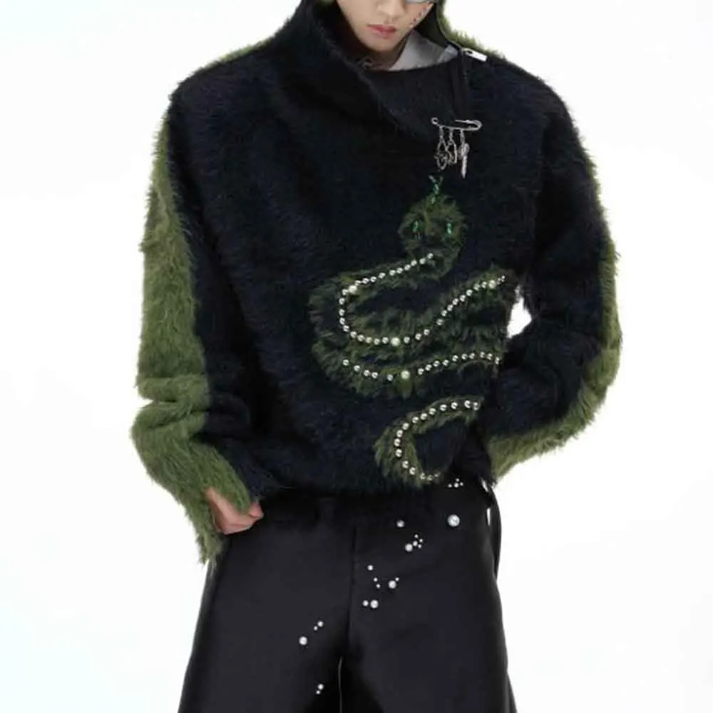 Мужской осенний свитер с цветными блоками, свитер с жемчугом в виде змеи, трикотаж, уличная одежда, модный молодежный универсальный топ, мужская одежда 2025