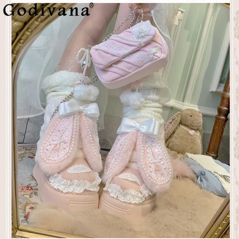 

Japanese Original Cute Sweet Cartoon Bunny Ear Fluffy Round Toe Short Boots Bow Height Increasing Pink Snow Boots for Women