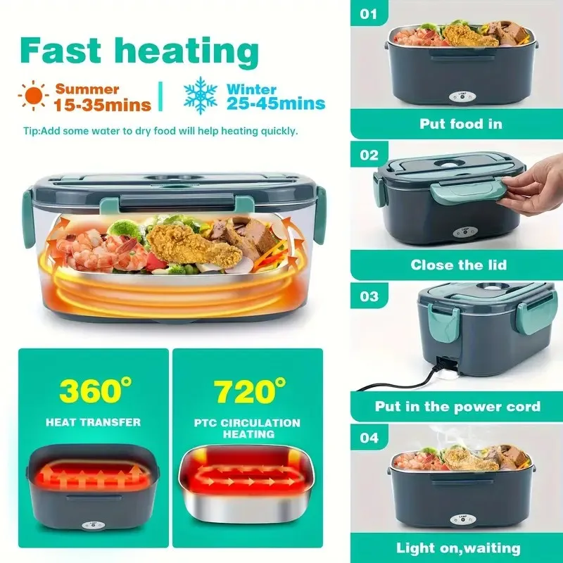 2-In-1 صندوق غداء للتسخين الكهربائي سيارة + المنزل 220 فولت 1.5L 60 واط المحمولة الفولاذ المقاوم للصدأ بطانة بينتو Lunchbox الغذاء الحاويات بينتو صندوق