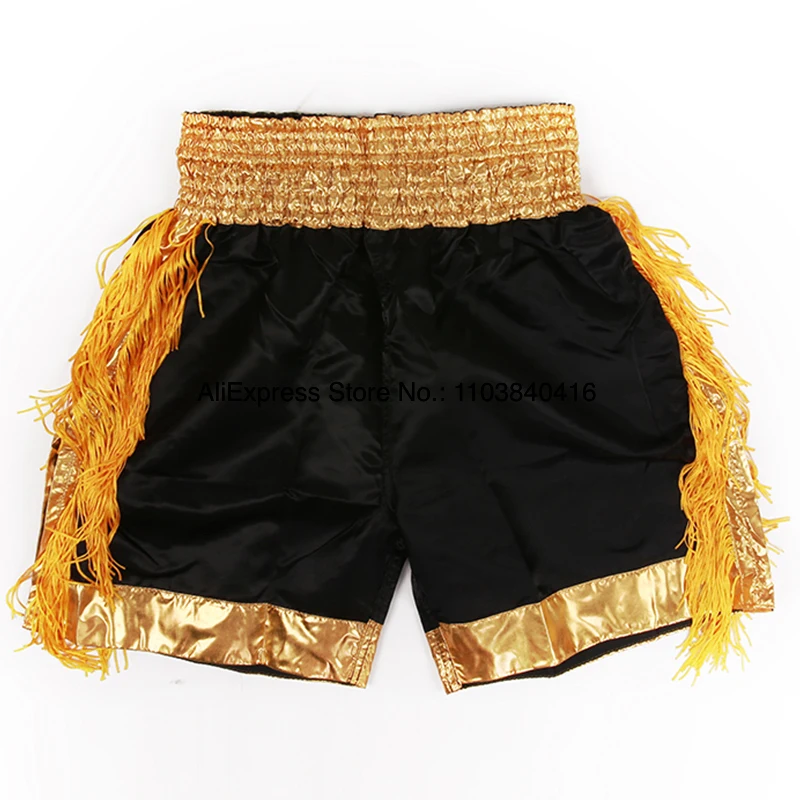 Muay Thai Pants Adult Kids Plain Kick Boxing Shorts Gold Tassels Satin Kickboxing Fight Shorts Thaiboxing Martial Arts Clothes