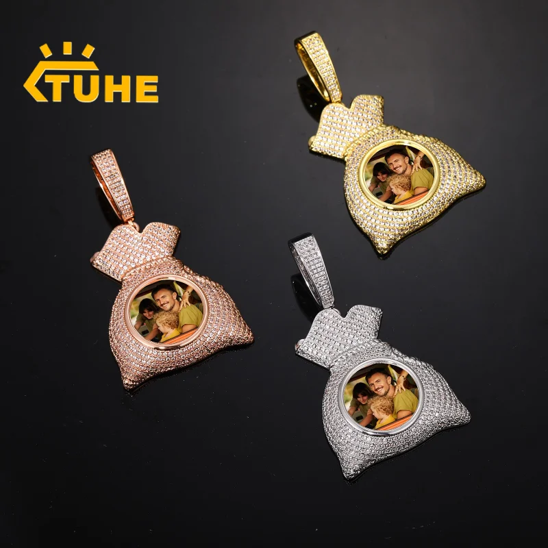 

Money Bag Custom Picture Pendant Brass Wealth PendantFor Medallions Personalized Custom Name Engraved Pendant Zircon Chains Gift