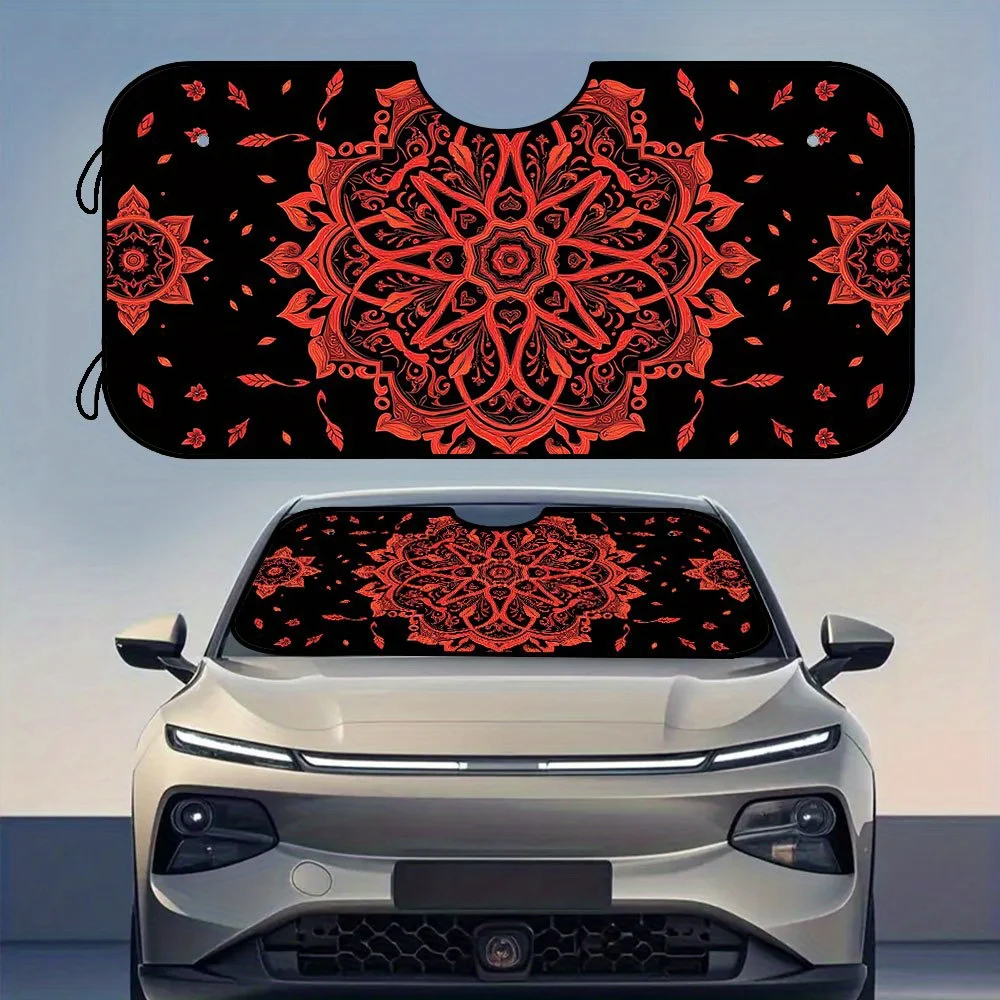 

1pc, Mandala Orange Red Floral Art Print Car Windshield Sun Shade, Foldable Front Sun Visor, Great For Commuter Routes, Mall Vis