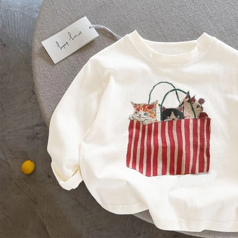 Dziecięca koszulka z nadrukiem kreskówkowym dla chłopców i dziewcząt Odzież 2025 Nowa koszulka z długim rękawem dla dzieci z bawełny