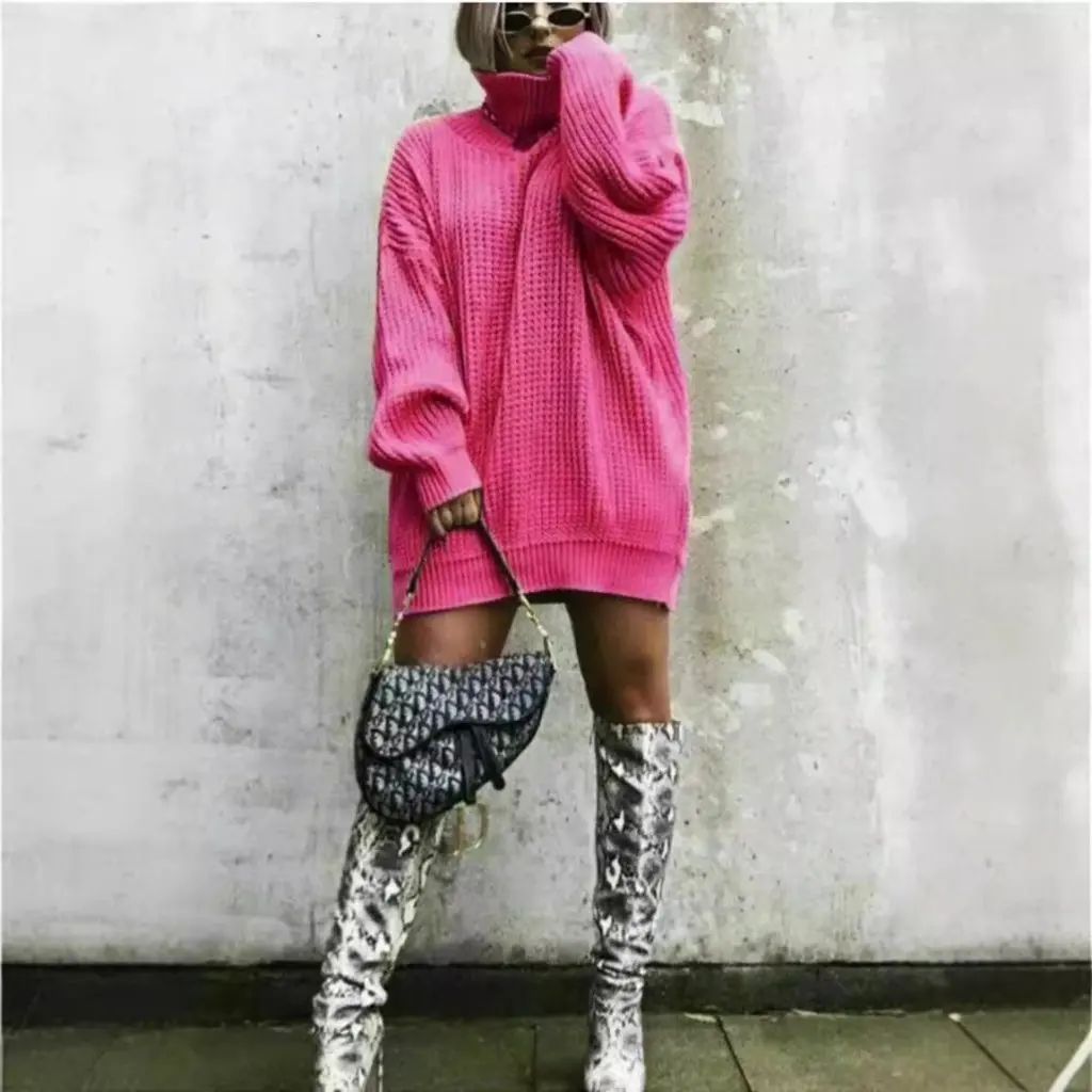 

Women's Autumn Winter Knitted Loose Mid-Length Dress Fashion Style European American Design Sweater