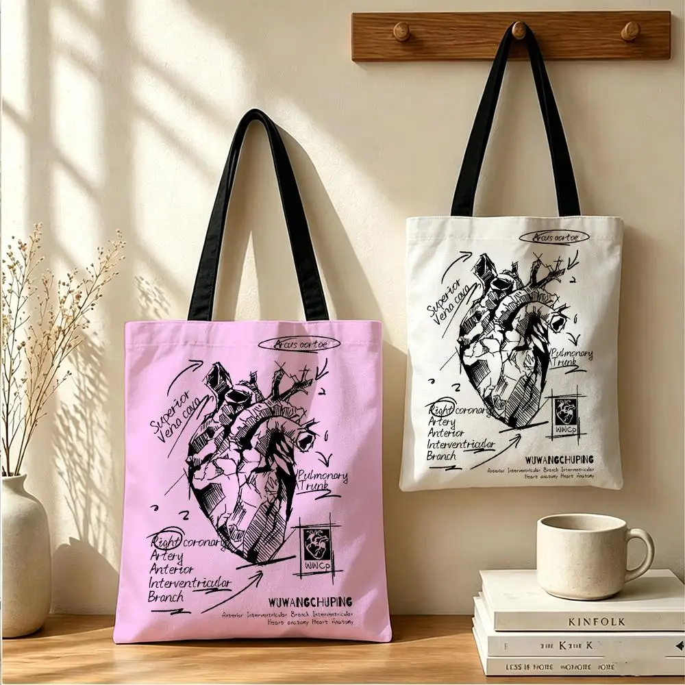 Human Heart Simplicity Storage Bags Women's Canvas Tote Bag Large Capacity Reusable Shoulder Handbag For Shopping