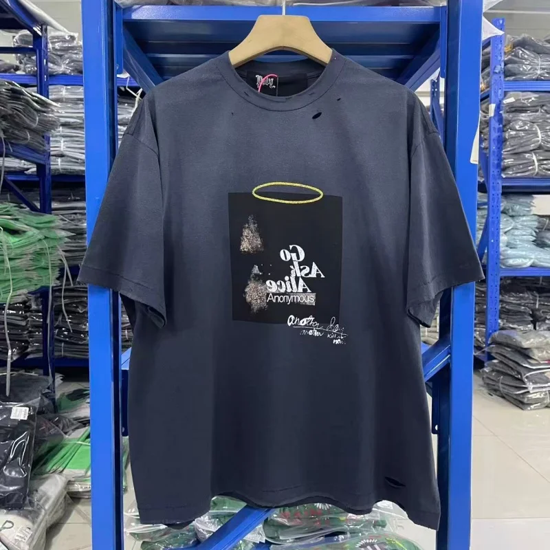 

Мужская винтажная хлопковая футболка Paly, уличная мода, свободная посадка, темно-синяя футболка с потертостями и принтом фильма