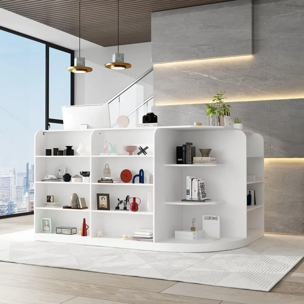 

Large L-Shaped Reception Desk with 3 Drawers, 15 Open Shelves, Counter Top & Monitor Stand, Office Desk Reception Counter Table