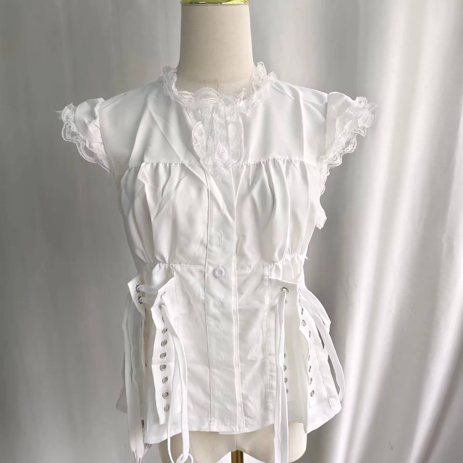 Onalippa French Retro Court Style Lace Patchwork Tie White Short Sleeved Shirt Women Summer Buttoned Slim Fit Slimming Top image 2
