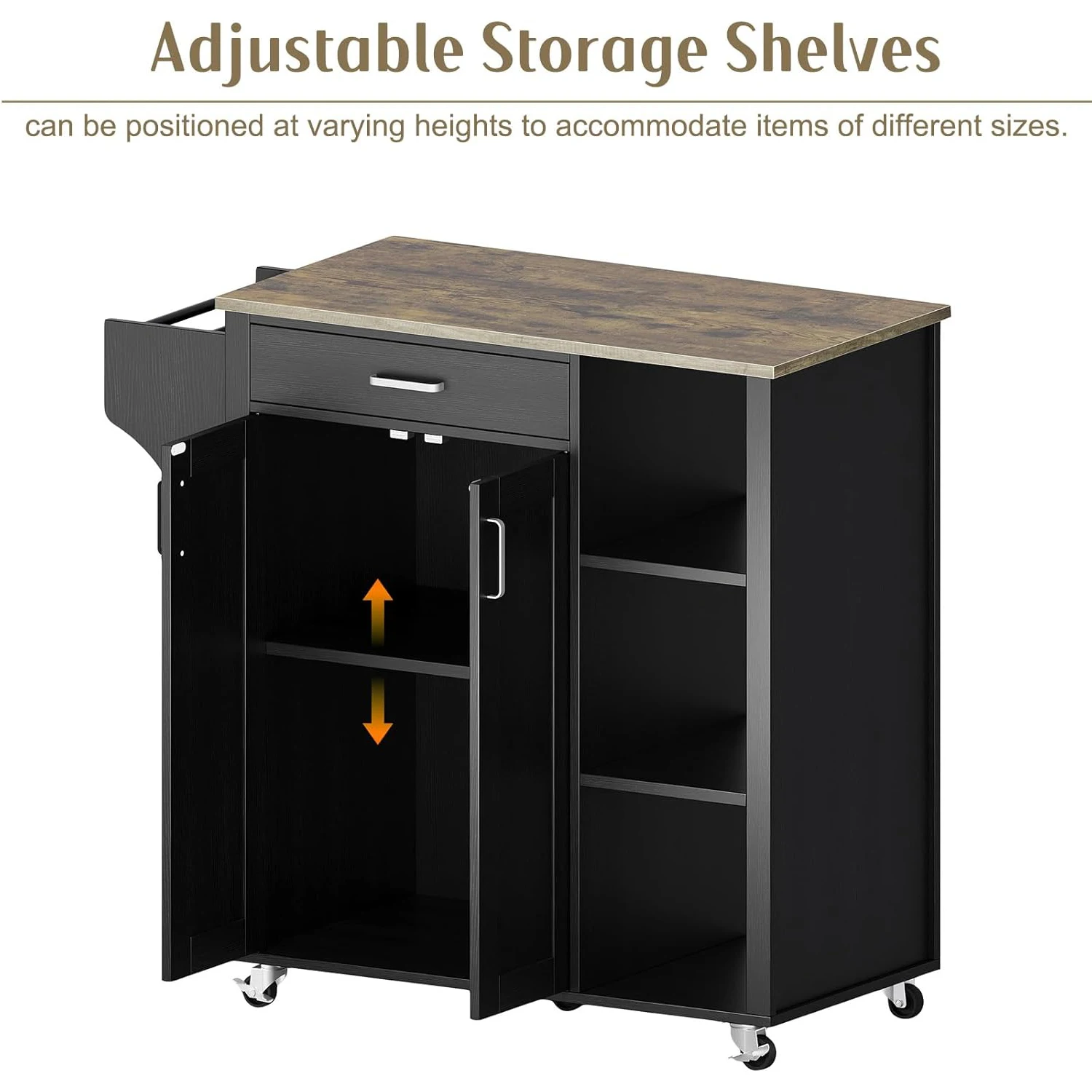 عربة جزيرة المطبخ مع طاولة جزيرة دوارة للتخزين على عجلات مع رف مناشف التوابل ودرج لغرفة الطعام في المطبخ باللون الأسود