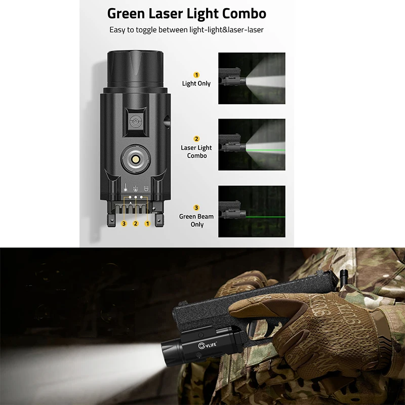 

CVLIFE 1500 Lumens Flashlight Compact Green Laser Light Combo for Pistol GL 21mm Picatinny Rail Rechargeable Strobe for Hunting