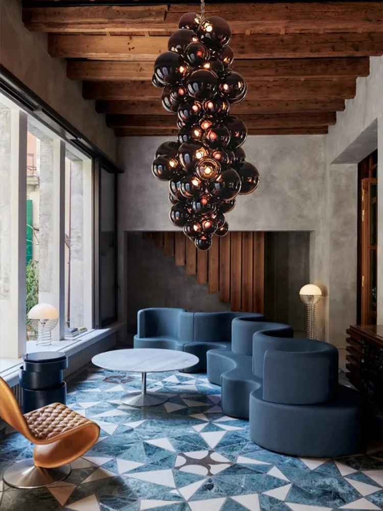 مصابيح معلقة كبيرة للسقف الفاخرة متعددة كرة عنب زجاجية برتقالية ثريات كبيرة أنيقة لتزيين فندق الفيلا #6