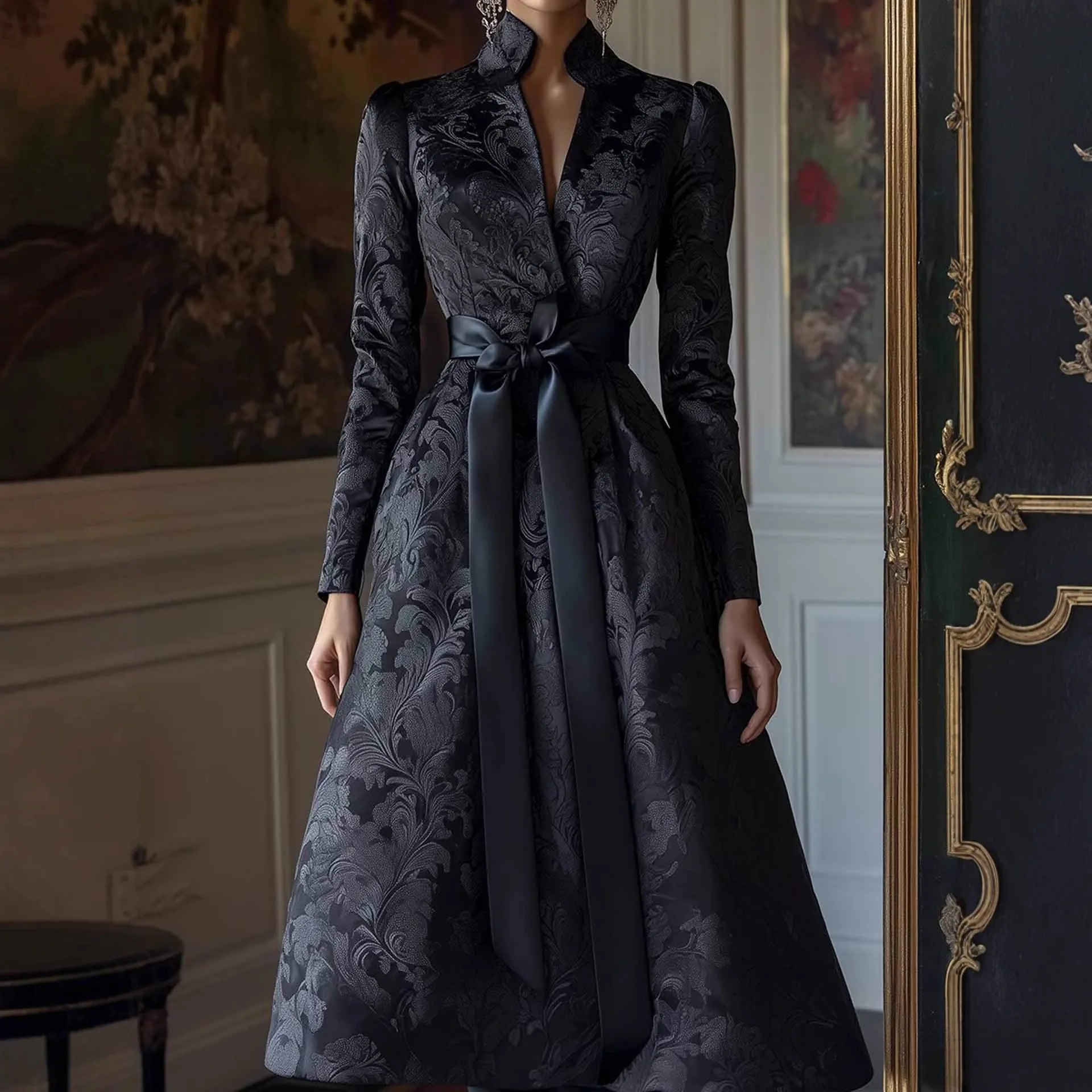 

Elegant Women's Print Dress Stand Collar Long Sleeve Pleated Maxi Dress Waisted Evening Party Wedding Guest Long Dresses Vestido