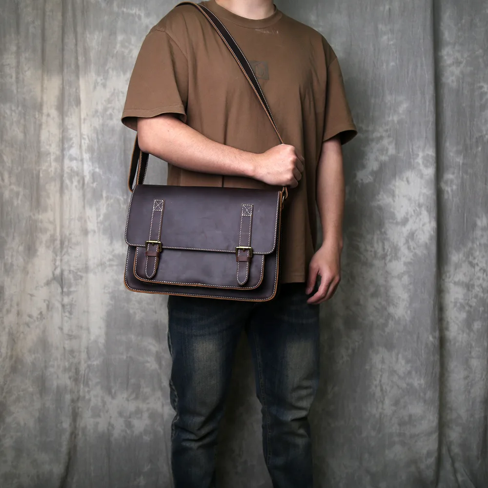 Retro Crazy Horse Leder Herren Schultertasche aus Vollnarbenleder Crossbody-Tasche Bestseller Horizontale Messenger-Tasche – Detail 2