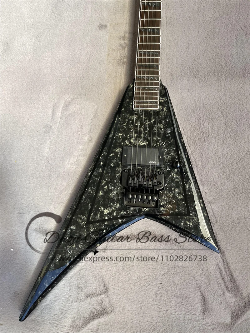 Black Electric Guitar Grey Pearl Top Solid Body Tremolo Bridge Colsed Pickups Rosewood Fretboard Shark fin Mosaic Factory Custom